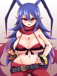 1girls bikini_top blue_hair blue_hair_female bottomwear cleavage clothing disgaea disgaea_d2 eyebrows_visible_through_hair female female_only fingerless_gloves gloves handwear harimao_(hanzou_uji) huge_breasts humanoid laharl laharl-chan light-skinned_female light_skin nippon_ichi_software pointy_ears scarf solo