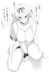 blush breasts covering covering_crotch curvy female greyscale hair_flaps hakai_shin kantai_collection large_breasts long_hair looking_at_viewer monochrome naked_scarf nipples scarf solo yuudachi_(kantai_collection)