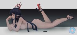 1girls bigbossrequiem black_hair blood blue_nails cleavage crown fangs female_only goth green_eyes high_heels indie_virtual_youtuber laying_down laying_on_stomach layna_lazar nude nude_female syringe virtual_youtuber