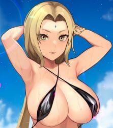 1girls armpits arms_behind_head bikini blonde_hair breasts cleavage cloud collarbone commentary_request criss-cross_halter facial_mark female female_only forehead forehead_mark halterneck highres large_breasts long_hair looking_at_viewer mature mature_female mature_woman naruto naruto_(series) naruto_shippuden navel pose sidelocks sky slingshot_swimsuit solo solo_focus sparkle sunlight swimsuit thighs tsunade upper_body very_long_hair wading wet yellow_eyes yuzuriha_(active_homing)