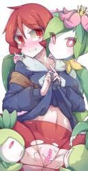 1girls 3animals anthro arezu_(pokemon) blush censored clothed clothing color cum cum_on_thighs eko. game_freak gritted_teeth hisuian_lilligant lifting_skirt lilligant nintendo no_text petilil pokemon pokemon_(species) pokemon_legends:_arceus pussy red_eyes red_hair red_stockings ripped_clothing ripped_stockings stockings tagme teeth