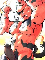 5_fingers anthro bara black_markings black_nipples blinkerless electabuzz elemental_manipulation erection fakémon fangs fingers fire fire_manipulation fist flaming_tail fur genitals glans humanoid_genitalia humanoid_penis male male_only markings muscular muscular_anthro muscular_male nintendo nipples nude pecs penis pokémon_(species) pokemon pokemon_xenoverse red_body red_fur solo video_games