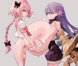 1boy 1girls astolfo_(fate) balls bottomless bottomless_male breasts clothing erection eyebrows_visible_through_hair fate_(series) female female_human femboy femboy_on_female femboydom femsub heavy_breathing huge_cock human hyper_breasts kemomoz long_hair long_hair_female long_hair_male long_penis male male_human maledom nipples open_mouth paizuri passion_lip penis ponytail ponytail_male straight topwear