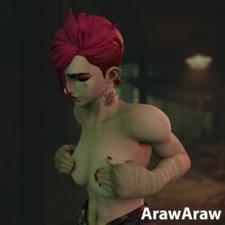 1girls 3d animated arawaraw arcane arcane_vi athletic_female blender breasts covering_breasts human league_of_legends looking_at_viewer medium_hair muscular_female no_sound only_female pants pink_hair seductive short_playtime shorter_than_10_seconds smile solo solo_female tagme tape vi video wink