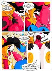 animal_genitalia animal_penis anthro ball_fondling balls big_breasts breasts canine_penis clothing comic delphox dialogue english_text eye_patch eyewear female fondling genitals hat headgear headwear hi_res huge_breasts kissing knot licking lucario male male/female nintendo nipples oral patting penile penis penis_kissing penis_lick pokemon pokemon_(species) ponporio_(artist) sex text tongue tongue_out video_games wizard_hat