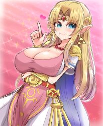 1girls a_link_between_worlds blush bottomwear breasts cleavage clothing earrings female female_only harimao_(hanzou_uji) huge_breasts humanoid light-skinned_female light_skin pointy_ears princess_zelda solo the_legend_of_zelda topwear zelda_(a_link_between_worlds)