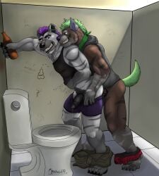 absurd_res alcoholic_drink anal anarchy anthro bathroom berngruff bodily_fluids bodily_fluids_drip clothed clothed_sex clothing clothing_aside cum cum_in_ass cum_inside duo genital_fluids hair hi_res hyaenid inebriated male male/male male_only male_penetrated male_penetrating male_penetrating_male mammal mohawk partially_clothed penetration piercing precum precum_string public public_restroom public_sex purple_clothing purple_hair purple_underwear restroom_stall sex sneaky stealth_sex toilet underwear underwear_around_one_leg underwear_aside underwear_down