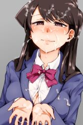 1girls black_hair blush cum cum_on_face facial female female_only io_(pixiv_248693) komi-san_wa_komyushou_desu komi_shouko sato_iori