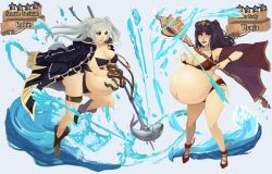 2girls absurd_res alternate_costume belt big_belly bikini black_bikini black_sw boots coat fire_emblem fire_emblem_awakening fire_emblem_heroes fish footwear gloves hi_res highres nintendo official_alternate_costume pregnant purple_bikini purple_swimsuit red_bikini red_swimsuit robin_(female)_(summer)_(fire_emblem) robin_(fire_emblem) robin_(fire_emblem)_(female) shoes swimsuit tharja_(fire_emblem) thigh_belt thigh_strap trident twintails water xcel-zero