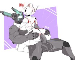 1boy 1girls anal artlegionary big_ass big_breasts commission dialogue female grey_skin large_balls large_penis looking_back muscular_male nurse_cap pink_nipples pussy robot robot_boy robot_girl sitting_on_lap spread_ass suture_(artlegionary) thick_thighs white_skin wide_hips