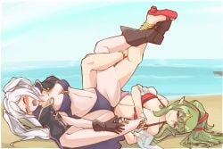 2girls alternate_costume beach bikini blush boots cleavage coat fire_emblem fire_emblem_awakening fire_emblem_heroes footwear gloves jaegan leg_lock multiple_girls nintendo o-ring_bikini ocean official_alternate_costume purple_bikini purple_swimsuit red_bikini red_footwear red_swimsuit restrained robin_(female)_(summer)_(fire_emblem) robin_(fire_emblem) robin_(fire_emblem)_(female) sand sandals shoes spread_legs swimsuit thighs tiki_(adult)_(fire_emblem) tiki_(adult)_(summer)_(fire_emblem) tiki_(fire_emblem) twintails