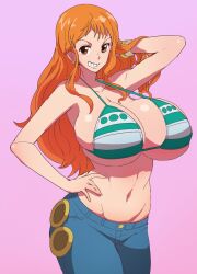 1girls bikini_top breasts brown_eyes cleavage female female_only grin hand_behind_head hand_on_hip huge_breasts jeans long_hair nami navel one_piece orange_hair sasaki_tatsuya shounen_jump solo solo_female