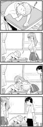 1girls 2022 2boys 4koma :> absurd_res arms_behind_back ball_bulge bare_arms breast_grab breast_hold breasts bulge caressing_testicles chair classroom closed_eyes comic curtains desk drooling female female_pervert greyscale head_rest highres humor indoors large_breasts leaning_forward long_hair long_ponytail looking_at_another looking_at_viewer male monochrome multiple_boys original pants pervert pleated_skirt ponytail saliva saliva_drip saliva_trail school school_uniform shirt short_hair sitting skirt sleeping sound_effects tatsuro_karma teasing testicles thighs tied_hair wavy_mouth window wrist_grab yaoi zzz