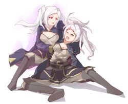 2girls boots dual_persona female female_only fire_emblem fire_emblem_awakening grima_(fire_emblem) jaegan multiple_girls multiple_persona nintendo restrained robin_(fire_emblem) robin_(fire_emblem)_(female) spread_legs twintails