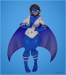 1girls big_breasts blue_eyes bodysuit breasts brown_hair cape dark-skinned_female dark_skin eye_contact female female_only front_view large_breasts looking_at_viewer mask negullust original_character seaworthy short_hair smile smiling smiling_at_viewer solo solo_female superhero superheroine tagme thick_thighs thighs