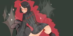 adventurequest_worlds aqw aqworlds artix_entertainment black_hair blush blushing blushing_female bob_cut fa_(aqw) jionkha knee_high_socks kneehighs no_pants one_eye_closed one_horn panties pantyshot red_horn red_panties sweater