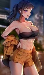 1girls 2020s 2022 2d_(artwork) abs airpods alternate_version_available athletic athletic_female big_breasts black_hair breasts brown_bottomwear city crop_top enen_no_shouboutai eyebrows_visible_through_hair female fire_force foxy_rain_(foxyreine) foxyrain_(foxyreine) foxyreine hand_on_hip happy hi_res huge_breasts human long_hair looking_at_viewer manga muscular muscular_female outdoors oze_maki ponytail purple_eyes sassy shorts smile solo solo_female tagme tomboy