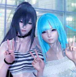 2girls 3d ahwlly ahwlly_(artist) black_hair black_nails blue_hair bob_cut choker female female_only grey_eyes hair_between_eyes looking_at_viewer mole mole_under_eye outside pale pale_skin peace_sign pink_eyes ponytail ring self_insert selfie smile stripes white_top wristband