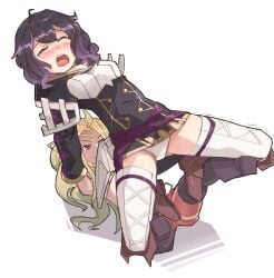 2girls blush boots clothed female female_only fire_emblem fire_emblem_awakening jaegan morgan_(fire_emblem) morgan_(fire_emblem)_(female) multiple_girls nintendo nowi_(fire_emblem) panties pantyshot restrained spread_legs underwear upskirt white_background white_panties