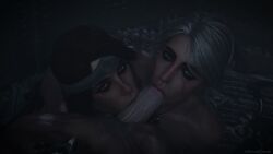 1boy 2girls 2girls1boy 3d 3d_(artwork) blender blender_(software) blowjob blue_eyes cd_projekt_red ceeeeekc cerys_an_craite ciri collaborative_fellatio dark_room eye_contact fellatio geralt_of_rivia green_eyes oral partial_male pov saliva seductive_eyes sex teamwork the_witcher_(series) the_witcher_3:_wild_hunt