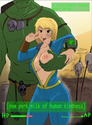 black_eyes blonde_hair breast_grab clothing computer electronics faceless_male fallout fallout_4 gameplay_mechanics health_bar jumpsuit nightmare_husbando nipples open_mouth peace_sign pip-boy short_hair snowbox sole_survivor_(female) strong_(fallout) super_mutant thick_thighs vault_dweller vault_girl vault_meat vault_suit wristwear