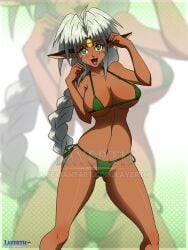 aisha_clanclan animal_ears bikini braided_hair dark-skinned_female green_eyes hourglass_figure large_breasts layerth long_hair outlaw_star silver_hair tiara