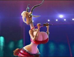 absurd_res antelope anthro big_breasts bottomwear bovid breasts cleavage clothed clothing clothing_pull disney edited_screencap female gazelle gazelle_(zootopia) halter_top hi_res holding_object horn huge_breasts large_breasts mammal microphone screencap screenshot screenshot_edit simple_background skimpy skirt solo spotlight venjiiart wide_hips zootopia zootropolis