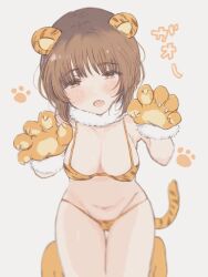 animal_ears animal_hands animal_print bangs bikini blurry blush breasts brown_eyes brown_hair chinese_zodiac cleavage eyebrows_visible_through_hair female female female_focus fur-trimmed_gloves fur_collar fur_trim girls_und_panzer gloves grey_background groin half-closed_eyes highres looking_at_viewer medium_breasts momochi_(mmc_cmm) navel nishizumi_miho oerba_yun_fang open_mouth orange_footwear orange_gloves paw_gloves paw_shoes paws print_bikini short_hair simple_background smile solo standing swimsuit symbol-only_commentary thigh_gap tiger_ears tiger_print translated year_of_the_tiger