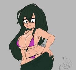 bare_shoulders big_breasts bikini blush breasts clothing flauschdraws green_hair grey_background hand_on_hip large_breasts long_hair minoru_mineta my_hero_academia navel phone purple_bikini simple_background solo solo_female solo_focus sweat taking_picture thick_thighs tongue tongue_out tsuyu_asui wide_hips