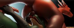 3d_(artwork) angus_(critterclaws) anthro ass ball_lick balls crittermatic digital_media_(artwork) dragon duo feral genitals kale_(critterclaws) kobold licking male male/male oral sex tongue tongue_out