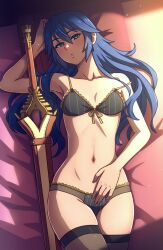 1girls akairiot armpits black_bra black_legwear black_panties black_thighhighs blue_eyes blue_hair blush bra breasts clothing falchion_(fire_emblem) female female_only fire_emblem fire_emblem_awakening highres legs_together long_hair looking_at_viewer lucina_(fire_emblem) lying matching_underwear navel nintendo on_back open_mouth panties parted_lips revision scabbard sheathed solo source_larger sword symbol-shaped_pupils thighhighs underwear underwear_only weapon wide_hips