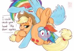 applejack_(mlp) blonde_hair cutie_mark dirtyfox911911 duo earth_pony equine female friendship_is_magic hat head_between_thighs head_grab headscissor my_little_pony pegasus pony rainbow_dash_(mlp) rainbow_hair self_upload smooth_skin text tied_hair wrestling