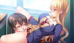 2girls big_breasts black_hair blonde_female blonde_hair bottomless breasts censored closed_eyes cunnilingus desk indoors mao_asakura_(yuri_love_slave) mosaic_censoring no_panties on_desk reina_shinjou_(yuri_love_slave) school_uniform souffle_soft steam steamy_breath steamy_pussy suzunone_rena tongue tongue_out yuri yuri_love_slave