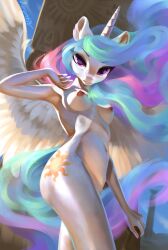 alicorn anthro breasts equid equine female friendship_is_magic fur hasbro hi_res horn jumperkit looking_at_viewer mammal my_little_pony nipples princess_celestia_(mlp) smile solo spread_wings white_body white_fur wide_hips wings