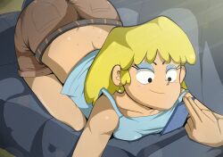 1girls alternate_version_available ass ass_up black_eyes blonde_hair breasts earrings eyeshadow fate34 female laying_down light-skinned_female light_skin lori_loud lying nickelodeon phone short_hair shorts smile smiling tagme the_loud_house