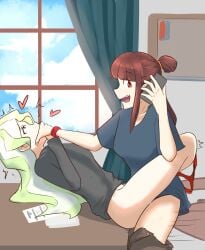 1futa 1girls akko_kagari bangs bottomless brown_hair clothed clothing diakko diana_cavendish duo female futa_on_female futanari green_hair huge_ass human humanoid_penis light-skinned_female light-skinned_futanari light_skin little_witch_academia long_hair mostly_clothed oksandio on_back partially_clothed standing stealth_sex two_tone_hair white_hair