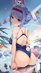 animal_ear_fluff animal_ears armlet ass ass_support ball bangs bare_shoulders beachball big_ass blue_hair blue_swimsuit braid breasts bunny_ears bunny_girl carrot_hair_ornament casual_one-piece_swimsuit cowboy_shot creature_on_head day eyebrows_visible_through_hair female food-themed_hair_ornament from_behind hair_ornament hairband highres hololive hololive_fantasy hololive_japan horizon long_hair looking_at_viewer looking_back medium_breasts multicolored_hair na_(estrn) ocean one-piece_swimsuit orange_eyes outdoors parted_lips rabbit_ears rabbit_girl rabbit_tail railing red_hairband smile solo swimsuit tail tail_through_clothes thick_eyebrows twin_braids two-tone_hair usada_pekora very_long_hair virtual_youtuber water white_hair