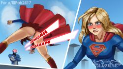 1boy 1girls alien alien_girl alien_humanoid ass big_ass blonde_hair blue_eyes blush cameltoe darkseid dc dc_comics embarrassed flying kara_danvers kara_zor-el kryptonian long_hair masterluxies panties supergirl superheroine superman_(series) supervillain tears upskirt white_panties