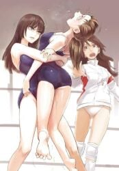 3girls brown_hair catfight clothing fainting female_only multiple_girls peeing peeing_self smile unconscious wrestling wrestlingryona yuri