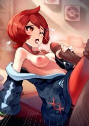 1boy 1girls arezu_(pokemon) blush breasts censored cum cum_in_mouth dark-skinned_male exposed_breasts handjob heart heart-shaped_pupils interracial looking_at_partner nipples partially_clothed pokemon pokemon_legends:_arceus red_eyes red_hair short_hair skyxperish sweat topless