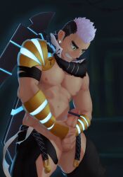 1boy abs absurdres ass_visible_through_thighs bar_censor bara bare_pectorals black_hair censored clothing_cutout crotchless crotchless_pants earrings erection facial_hair goatee green_eyes gyee highres jewelry large_pectorals long_sideburns lujiu_(mutsukyuu) male_focus male_masturbation male_only masturbation mature_male muscular muscular_male navel nipples no_male_underwear open_pants pants pectorals penis purple_hair short_hair sideburns solo stomach su_(gyee) thick_eyebrows thick_thighs thigh_cutout thighs