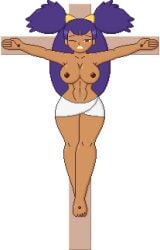 brown_eyes cici-bee-inc crucifixion female grimace iris_(pokemon) large_breasts muscular_female nintendo nipples pixel_art pokemon pokemon_bw purple_hair solo tan_skin topless transparent_background wide_hips wink