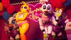 2girls 3d animatronic ashleyorange avian avian_humanoid bending_forward bib black_eyes female female_focus female_only five_nights_at_freddy's five_nights_at_freddy's:_security_breach five_nights_at_freddy's_2 glamrock_chica_(ashleyorange) glamrock_chica_(fnaf) hand_on_thigh heart heart-shaped_pupils humanoid lipstick looking_at_viewer multiple_girls pink_panties purple_eyes robot robot_girl seductive_look seductive_smile smiling_at_viewer take_your_pick toy_chica_(ashleyorange) toy_chica_(fnaf) waving waving_at_viewer white_body yellow_body