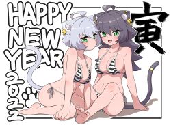 2022 2girls :d absurdres ahoge animal_ear_fluff animal_ears animal_print bare_legs bare_shoulders barefoot bikini black_hair blush border breasts cat_ears cat_girl cat_tail chinese_zodiac collarbone commentary_request ear_piercing eyebrows_visible_through_hair feet female green_eyes grey_hair happy_new_year highres large_breasts long_hair mole mole_under_eye mole_under_mouth multiple_girls navel new_year ngetyan oerba_yun_fang open_mouth original outline piercing print_bikini renge_(ngetyan) ringe_(ngetyan) short_hair side-tie_bikini simple_background sitting smile soles string_bikini swimsuit tail tail_ornament tail_ring tiger_print toes translated white_background white_outline white_tiger_print year_of_the_tiger