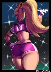 ass big_ass big_butt blonde_hair booty_shorts butt_crack crown football football_player football_uniform gloves mario_(series) mario_strikers nintendo pink_shorts ponytail princess_peach shorts solo solo_female sportswear tippydoodles wide_hips