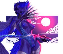 anthro avian blades breasts feathers female furry genitals gryphon hi_res invalid_tag katana melee_weapon moon mythological_avian mythology night nipples nude pinup pose pussy solo stronkfurry sword weapon wings