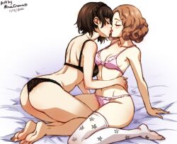 2girls atlus barefoot black_panties blush bra brown_hair closed_eyes feet female female_only haru_okumura kissing lingerie makoto_niijima minacream on_bed panties persona persona_5 pink_panties short_hair soles thigh_high_socks toes underwear yuri