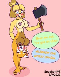 absurd_res aggressive_retsuko ailurid animal_crossing anthro axe big_breasts blonde_hair blue_eyes blush breasts canid canine canis clothed clothing conjoined cute_fang dialogue domestic_dog duo female female/female fur hair handstand hi_res humanoid isabelle_(animal_crossing) legless mammal melee_weapon nintendo nude orange_body orange_fur pushmi-pullyu queen red_eyes red_panda retsuko royalty sanrio shih_tzu simple_background spaghetti99 straight_hair topless topless_female toy_dog upside-down video_games weapon yellow_body yellow_fur