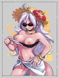 1girls android_21 bangle breasts brown-tinted_eyewear collar curvy_female dragon_ball dragon_ball_fighterz earrings flashing flashing_breasts flower flower_on_head gold_jewelry hair_flower hand_on_hip hat headwear hi_res hoop_earrings jewelry large_breasts long_hair majin_android_21 medium_breasts monster_girl navel nipples pink_skin pointy_ears sarong solo solo_female squiishnsfw standing straw_hat sunglasses tail thighs tinted_eyewear white_hair