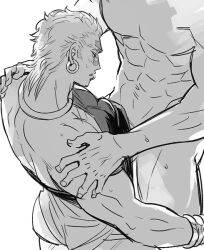 2boys bara bara_tiddies bara_tits battle_tendency blushing gay jewelry jojo's_bizarre_adventure lip_piercing male_only medium_hair monochrome muscles muscular muscular_male pecjob piercings shy tnoshi wamuu yaoi